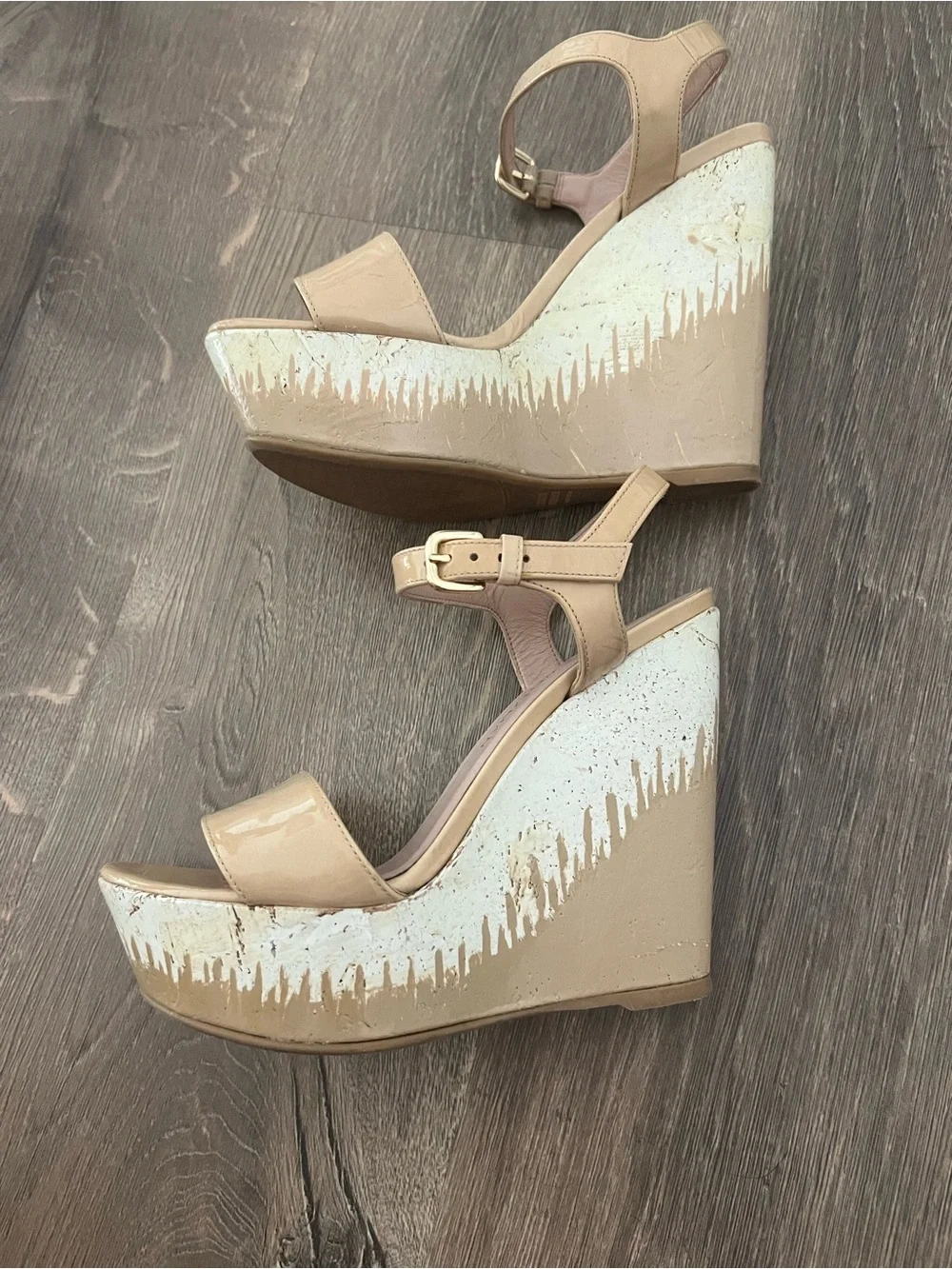 Stuart Weitzman Patent Tan Platform Wedge Sandals - Picture 10 of 13
